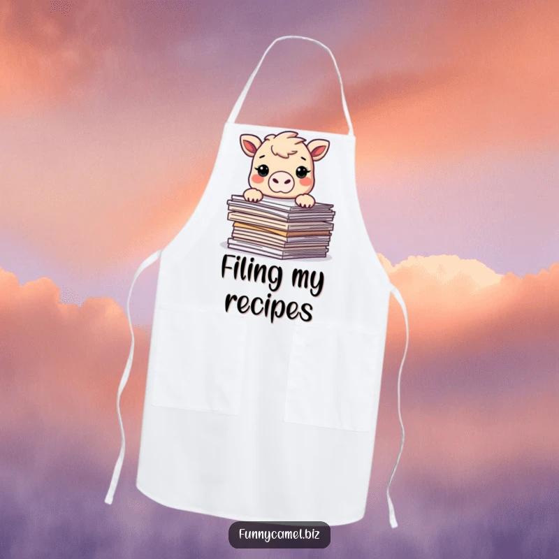 Funny Kawaii camel peeking over abstract documents, printed on a functional apron, ideal for adding humor to cooking and baking.