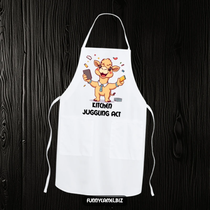 Funny apron illustration of a camel happily juggling kitchen items like spoons and spatulas, symbolizing a busy and cheerful cook.