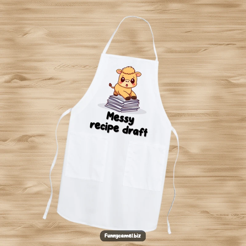 Funny kawaii camel tripping over papers while wearing a kitchen apron, ready for cooking.