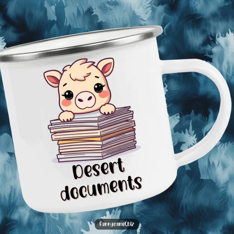 Funny Kawaii camel peeking over abstract documents on a sturdy camping mug, ideal for humorous outdoor adventures and beverages.