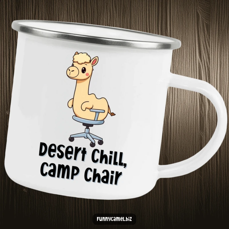 Funny kawaii camel rides an abstract office chair, perfect for enjoying drinks while dreaming of escape on this mug.