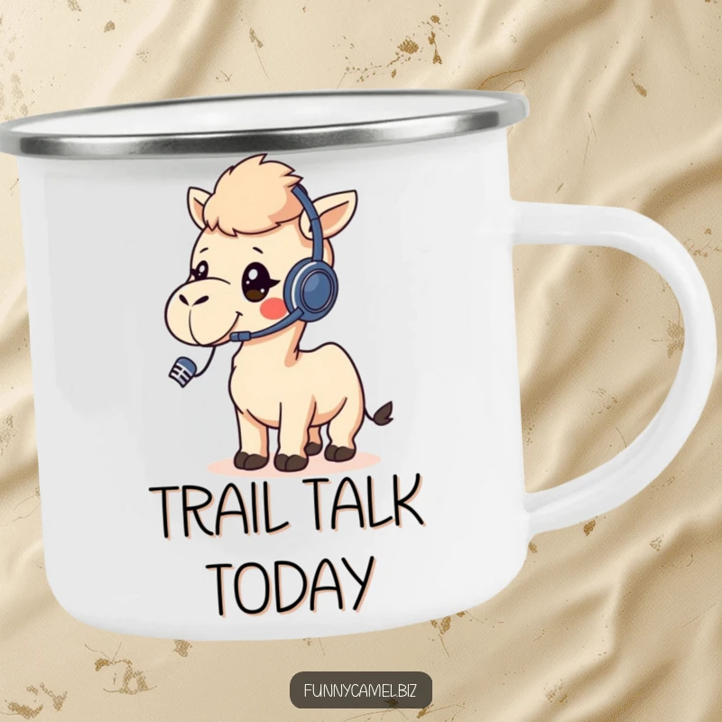 Funny kawaii camel wearing a headset, talking into a microphone, on a rugged enamel camping mug.