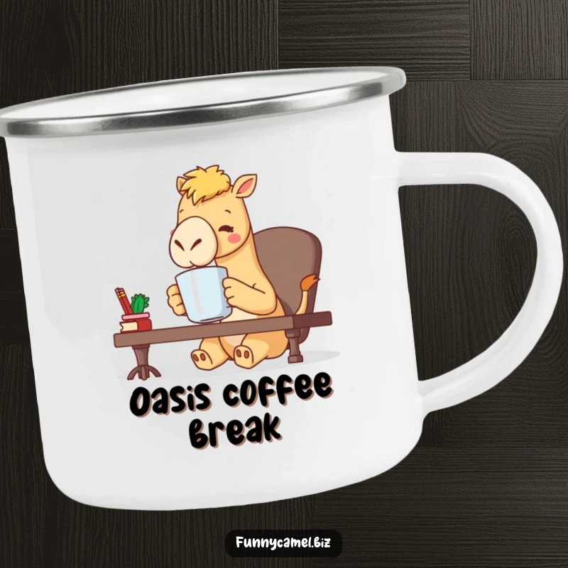 Funny kawaii camel character sipping coffee from a large mug, ready for adventure on this camping mug, a gift.
