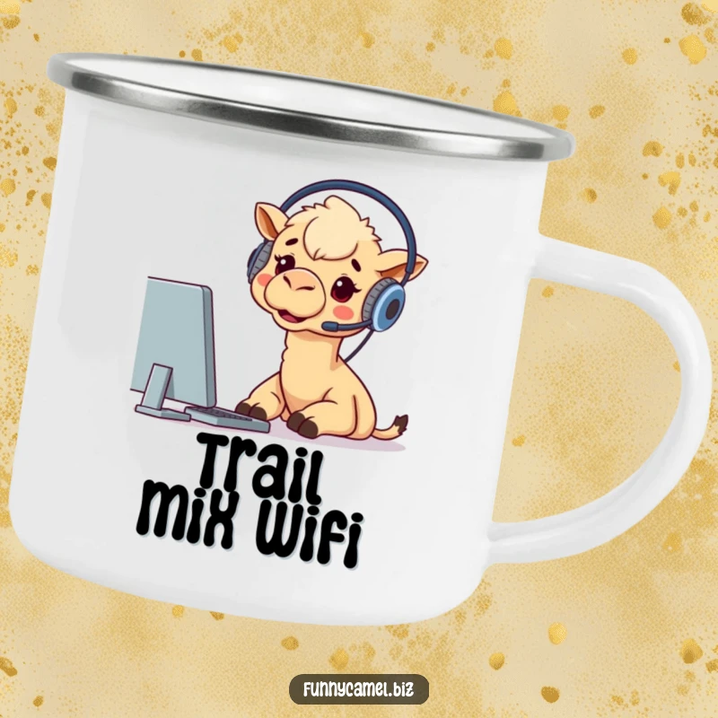 Funny camping mug shows a camel wearing a headset, staring at a computer screen, blending outdoor adventure with technology.