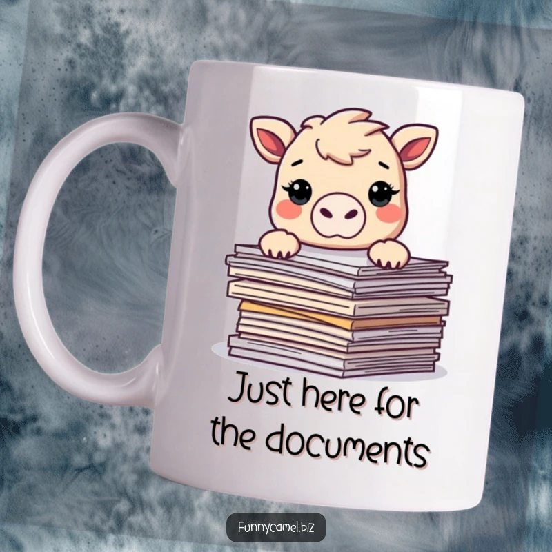 Funny Kawaii camel peeking over a stack of abstract documents, looking mischievous on a mug, ideal for office humor gifts.