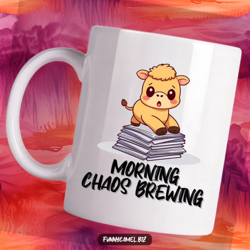 Funny kawaii camel tripping over scattered papers, looking surprised, on a ceramic coffee mug.