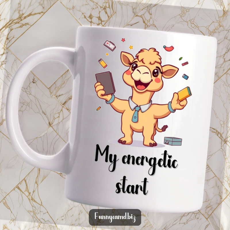 Funny mug shows a grinning camel energetically juggling pens, paperclips, and a stapler, embodying office multitasking.
