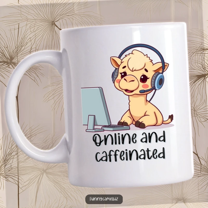 Funny mug featuring a camel wearing a headset, enthusiastically engrossed in a computer screen, embodying tech excitement.