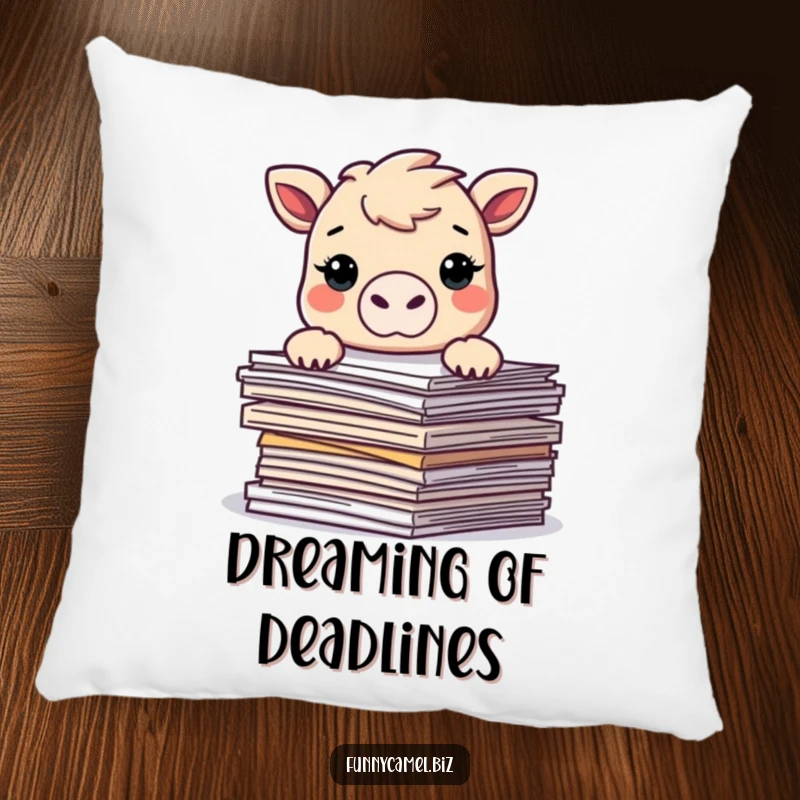 Funny Kawaii camel peeking over abstract documents, adorning a soft, huggable pillow, perfect for adding humor to any seating area.