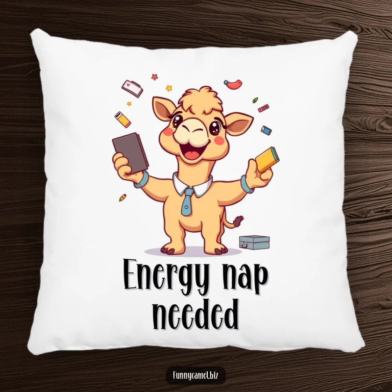 Funny pillow design of an energetic camel with a grin, juggling office supplies, bringing lively humor to decor.