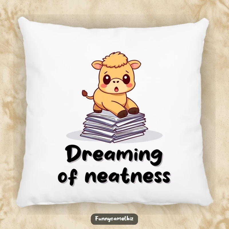 Funny kawaii camel mid-fall over a stack of papers, on a soft, decorative throw pillow.