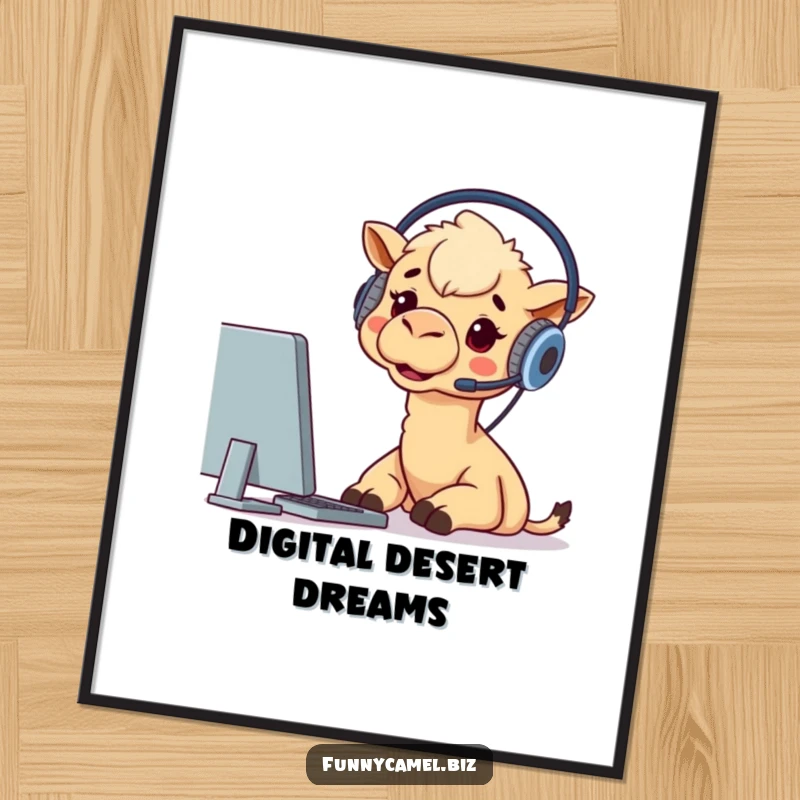 Funny digital art print of a camel wearing a headset, enthusiastically focused on a computer screen, celebrating digital connectivity.