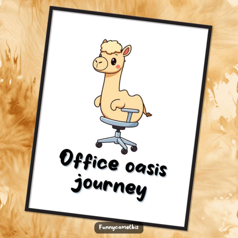 A kawaii camel humorously rides a rolling abstract office chair, available as a printable digital art piece.