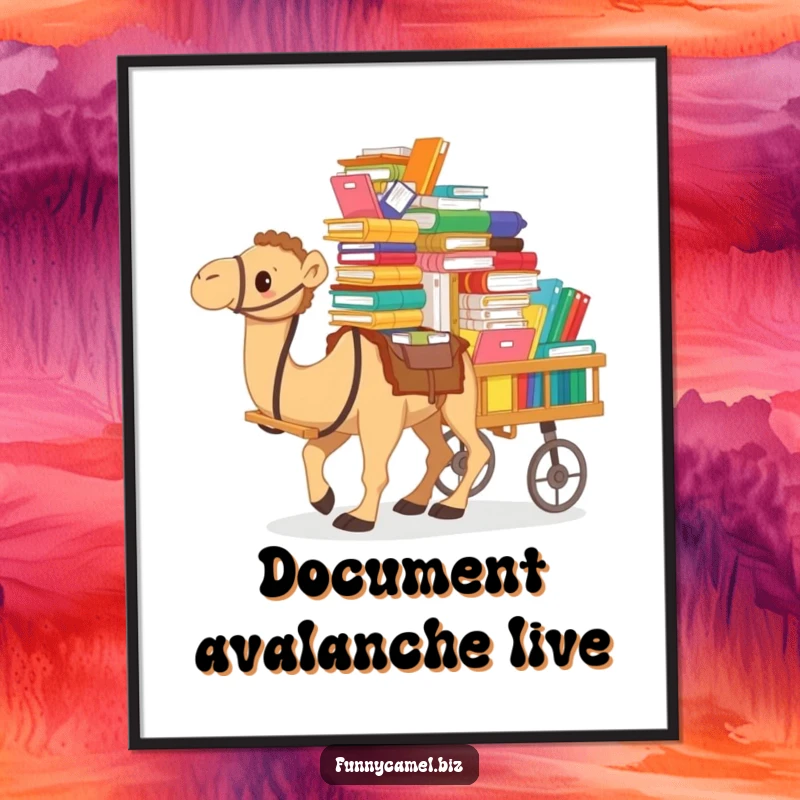 Funny digital art print of a camel pushing a cart packed with colorful documents and files, symbolizing overwhelming tasks with humor.