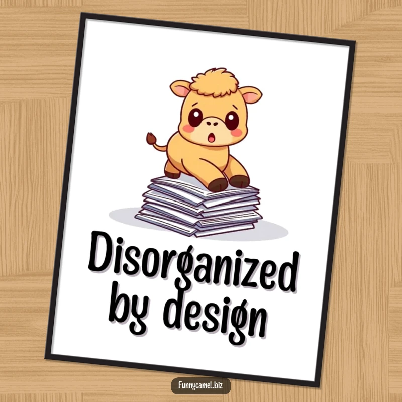 Funny kawaii camel tripping over scattered papers, with a surprised expression, as printable digital art.