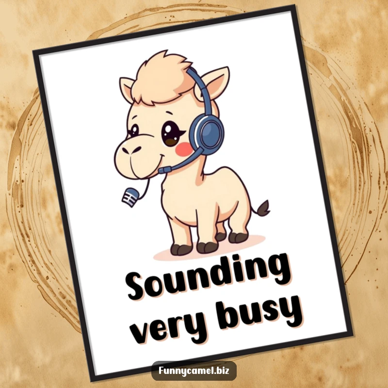 Funny kawaii camel wearing a headset, talking into a microphone, as a high-resolution digital art print.