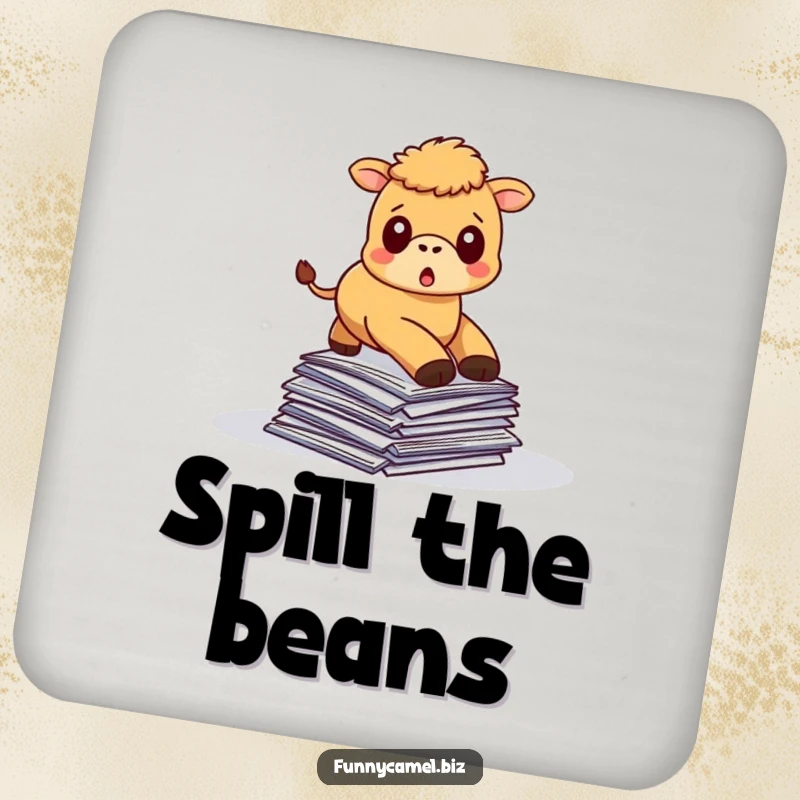 Funny kawaii camel tripping over papers, printed on protective drink coasters with a humorous design.