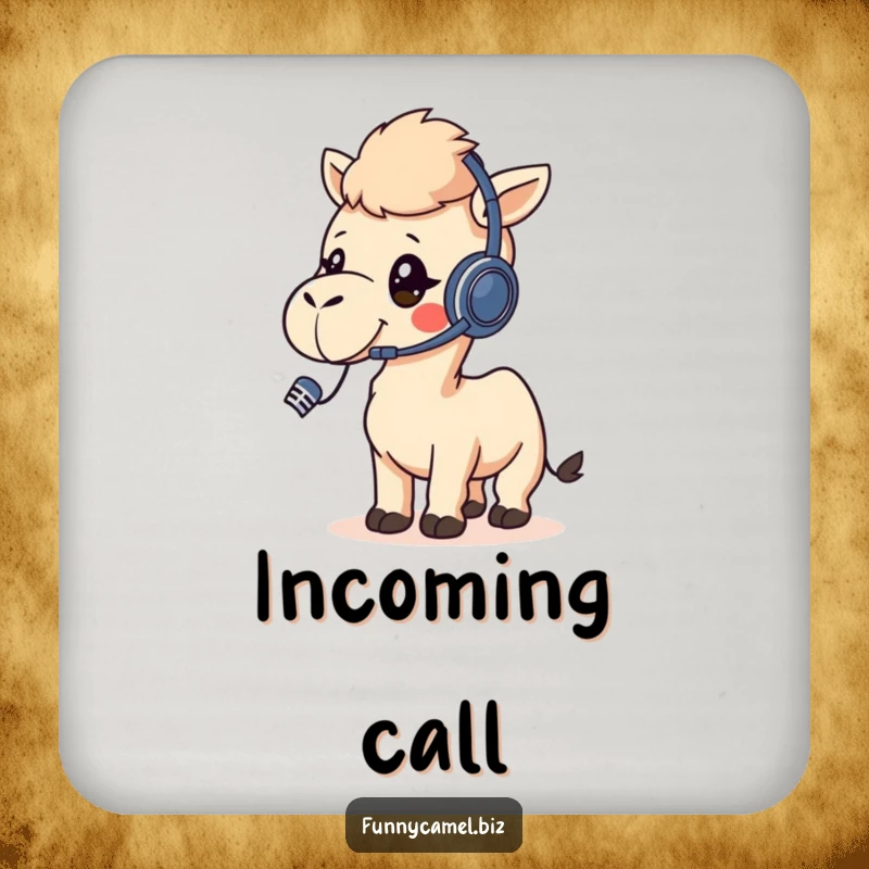 Funny kawaii camel wearing a headset, talking into a microphone, printed on protective drink coasters.