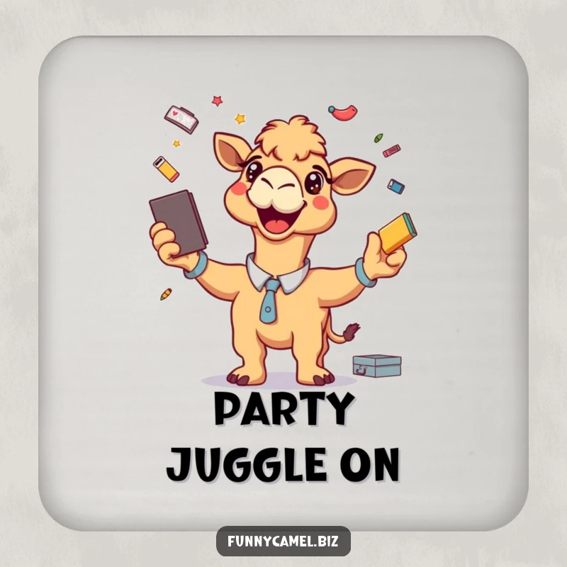 Funny drink coaster with a grinning camel energetically juggling office supplies, adding playful humor to any surface.