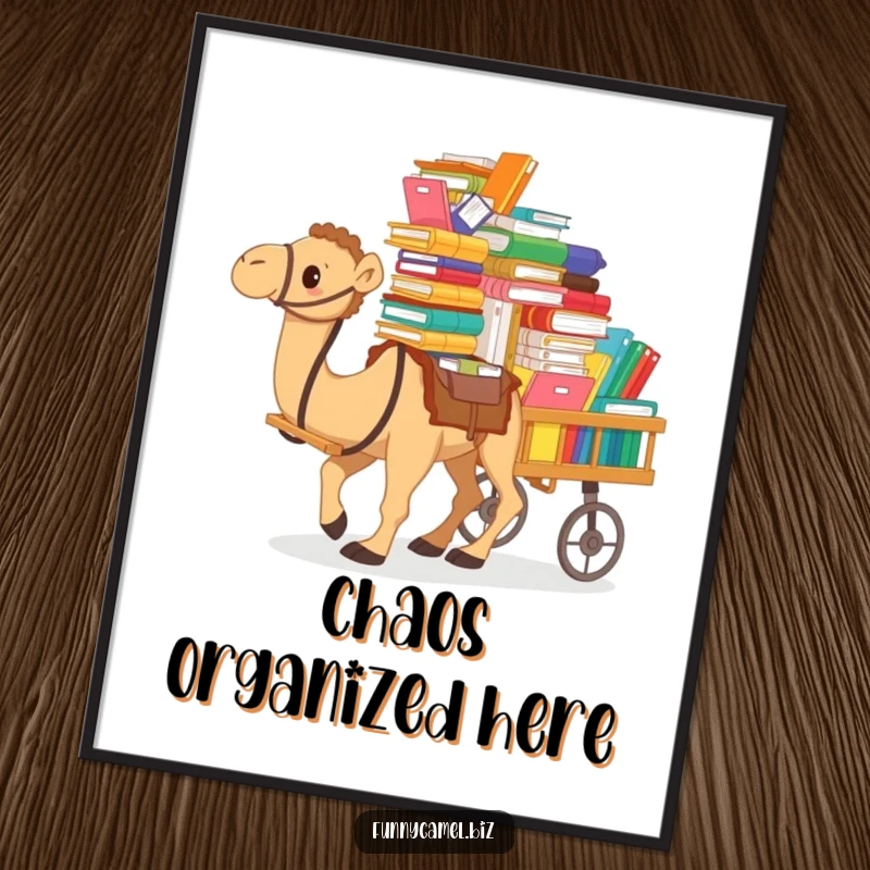 Funny poster art of a camel struggling with a cart brimming with colorful documents and files, capturing office chaos humorously.
