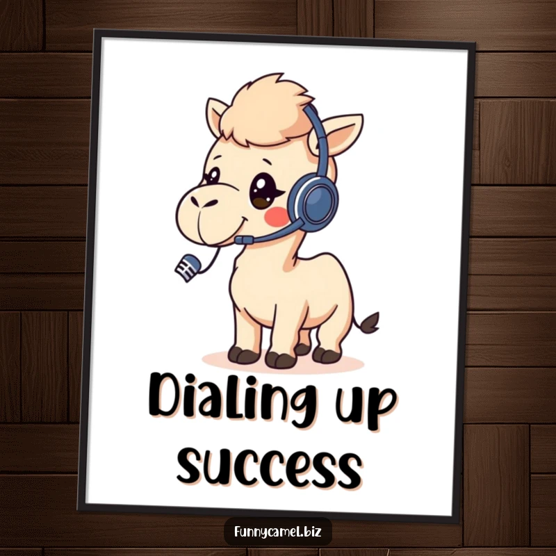 Funny kawaii camel wearing a headset, talking into a microphone, displayed as a vibrant wall poster.