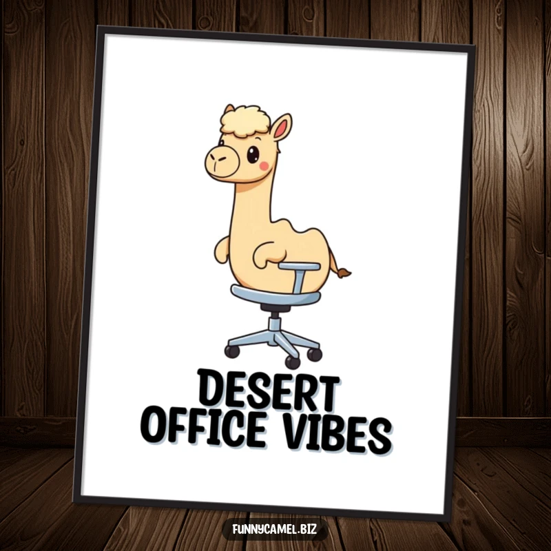 A funny kawaii camel rides a rolling abstract office chair, creating a surreal and humorous piece of wall art.