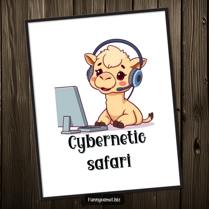 Funny poster art of a camel in a headset, glued to a computer screen with excitement, capturing the essence of digital engagement.
