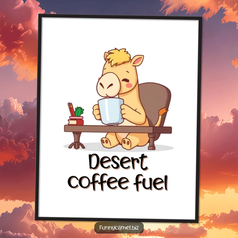 Funny kawaii camel character sipping coffee from a large mug at a desk, a humorous illustration for any workspace, a gift.