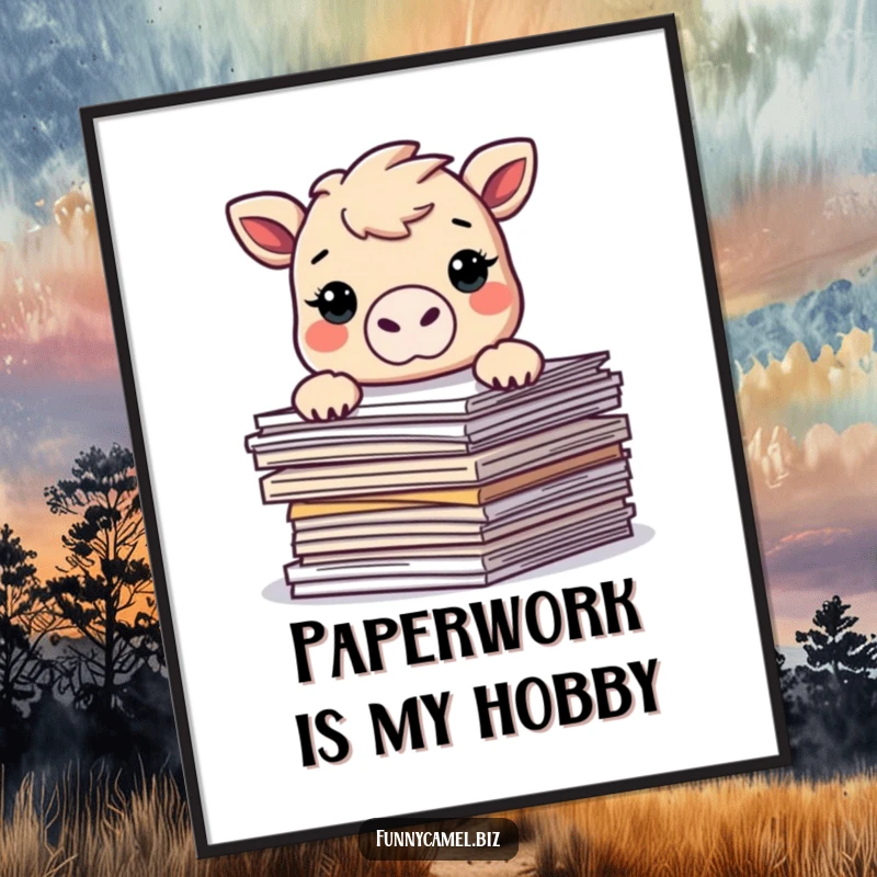 Funny Kawaii camel peeking over a stack of abstract documents, presented as charming wall art on a poster, adding humor to any room.