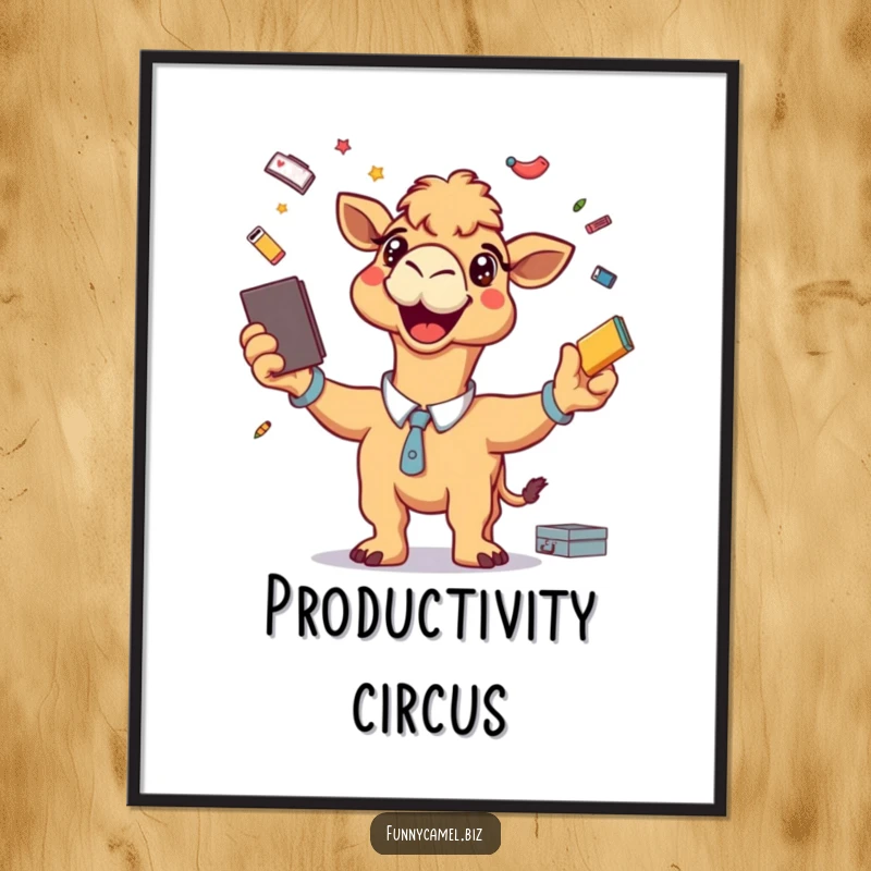 Funny poster art of a camel with a wide grin, energetically juggling a variety of office supplies, conveying infectious energy.