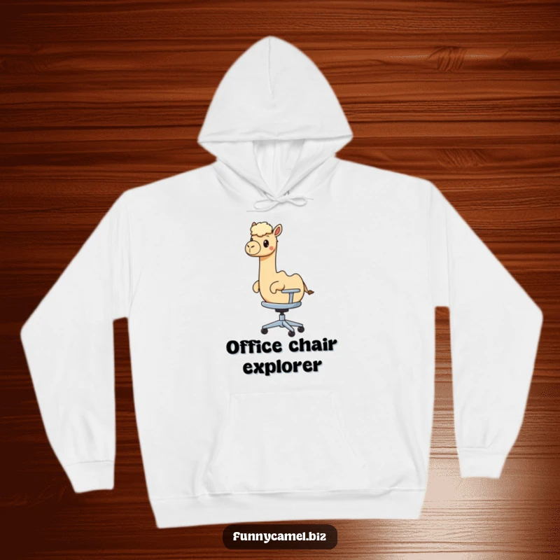 Funny kawaii camel rides an abstract office chair, providing cozy humor in this warm hoodie.