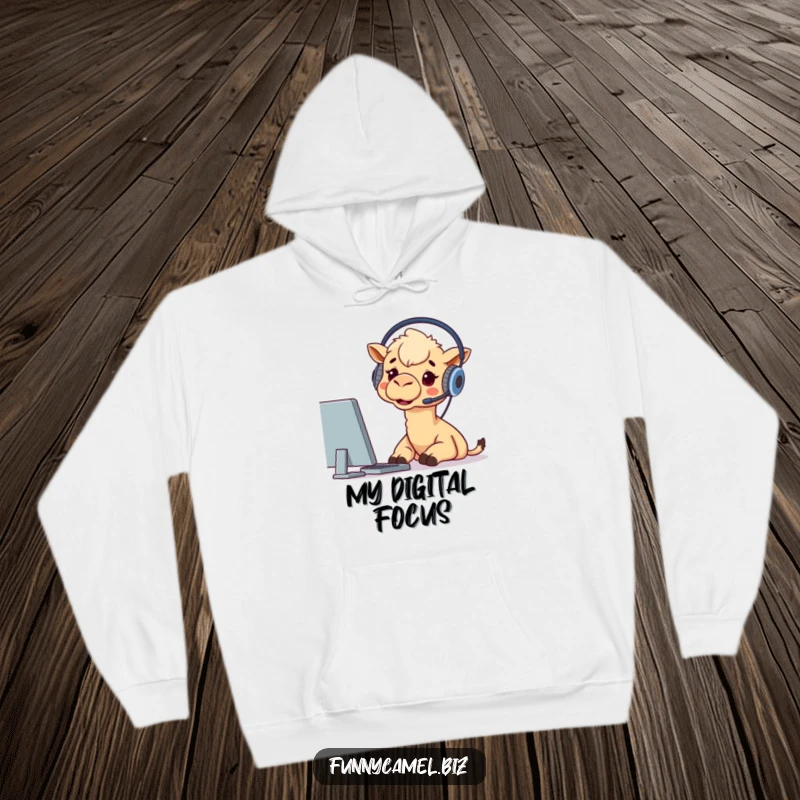 Funny hoodie illustration of a camel wearing a headset, mesmerized by a bright computer screen, representing digital immersion.