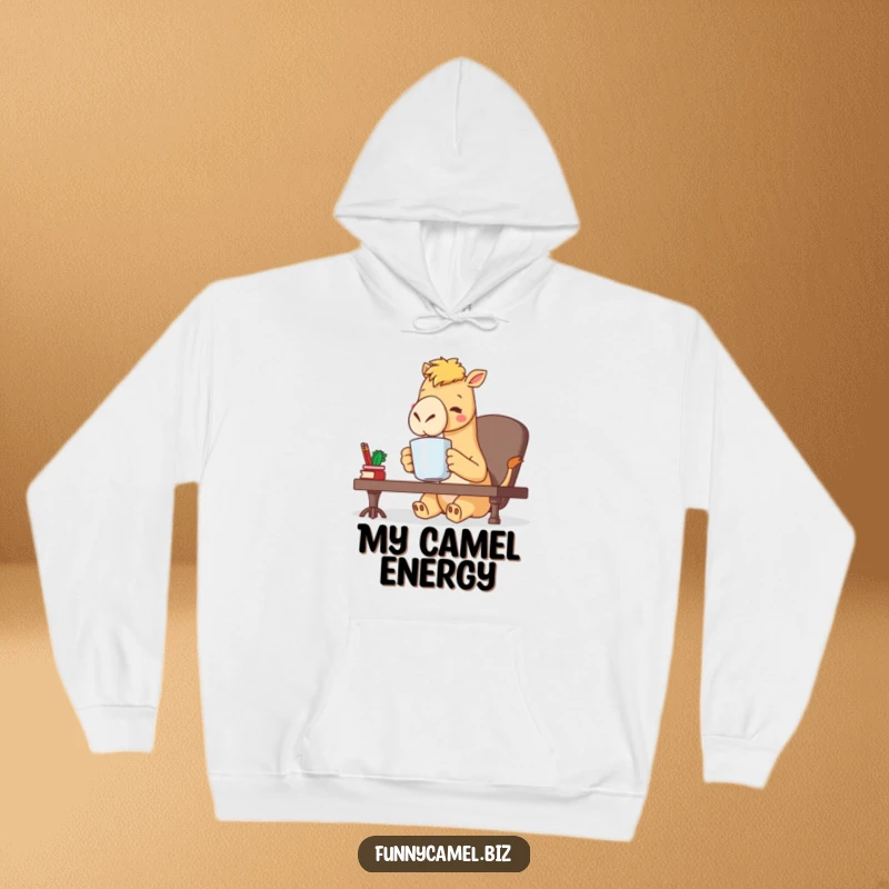 Funny kawaii camel character sipping coffee from a large mug at a desk, a cozy and humorous design on this hoodie, a gift.
