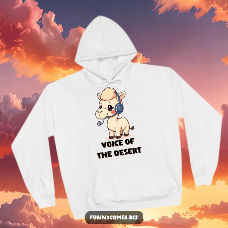 Funny kawaii camel wearing a headset, talking into a microphone, printed on a soft, warm hoodie.