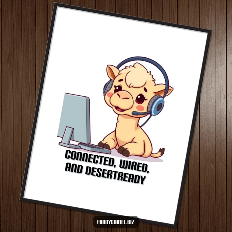 Funny Free Printable Wall Art, a camel wearing a headset, looking excitedly at a computer screen, symbolizing tech enthusiasm.