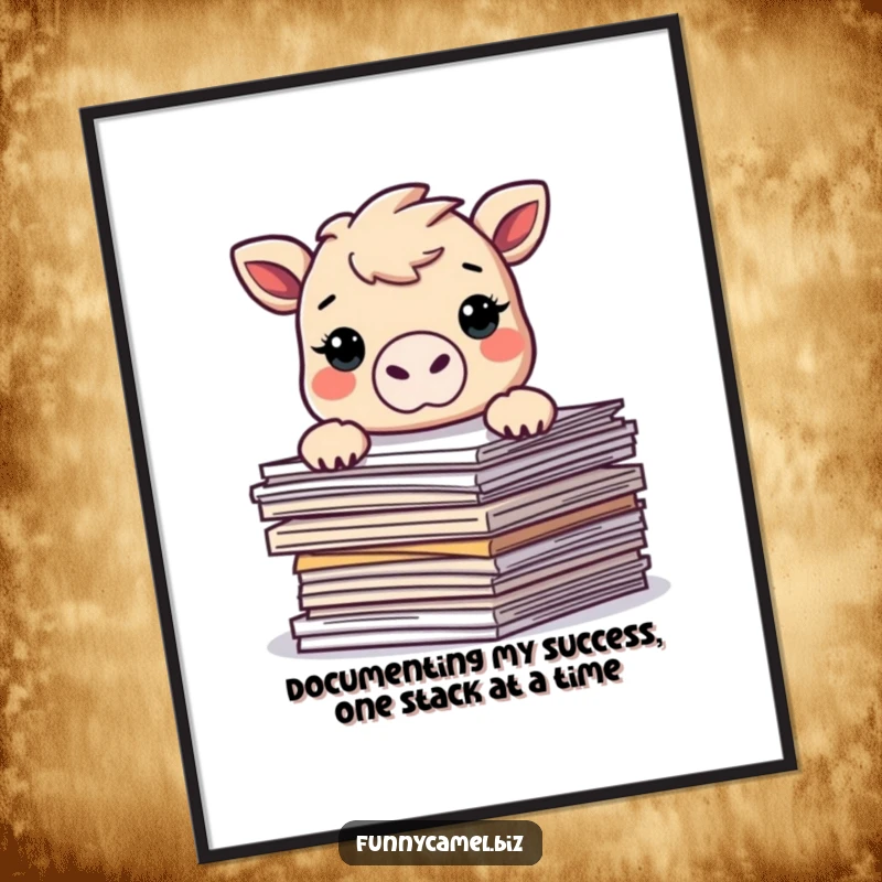 Funny Free Printable Wall Art: Kawaii camel peeking humorously over a stack of abstract documents, adding a touch of whimsy to any room.