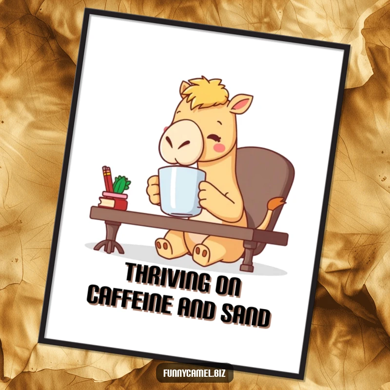 Funny Free Printable Wall Art: Kawaii camel character sipping coffee from a comically large mug at a desk, a humorous decor piece.