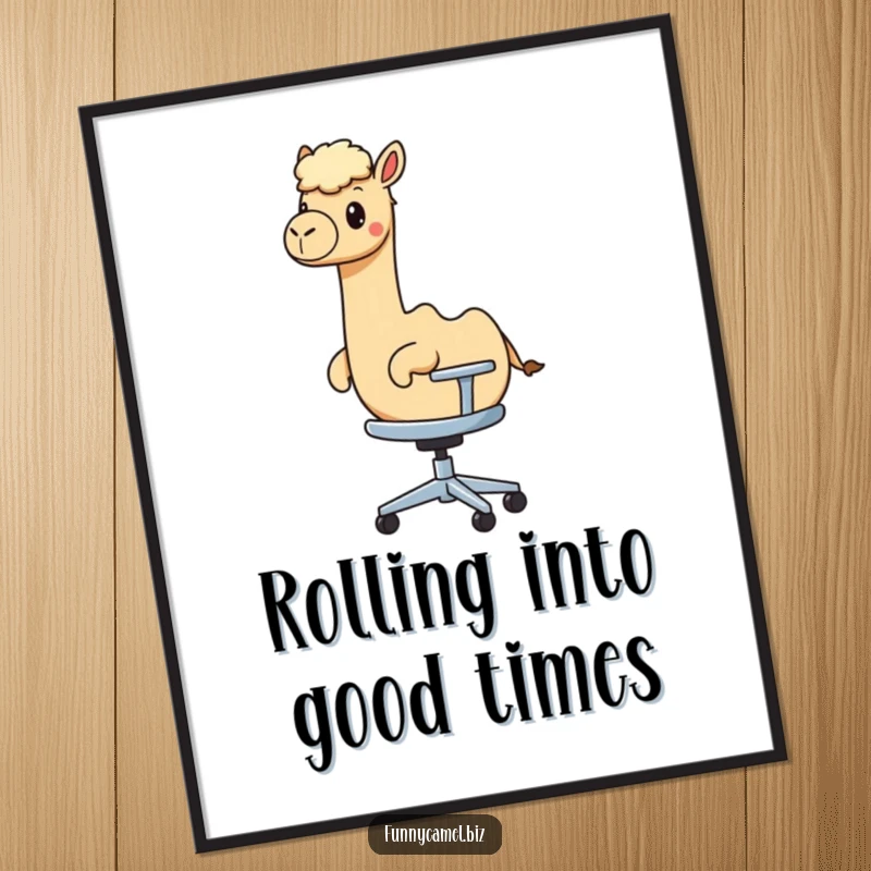 Funny Free Printable Wall Art: A kawaii camel character is riding on a rolling, abstract office chair.