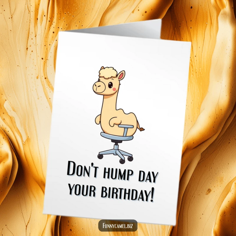 Funny Free Printable Birthday Card: Kawaii camel rides a rolling abstract office chair for a birthday surprise.