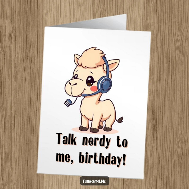 Funny Free Printable Birthday Card: Kawaii camel with headset, enthusiastically taking a call, ready to party.
