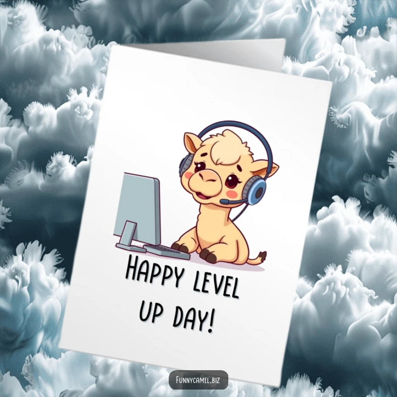 Funny Free Printable Birthday Card, a camel wearing a headset, excitedly staring at a computer screen with wide eyes.
