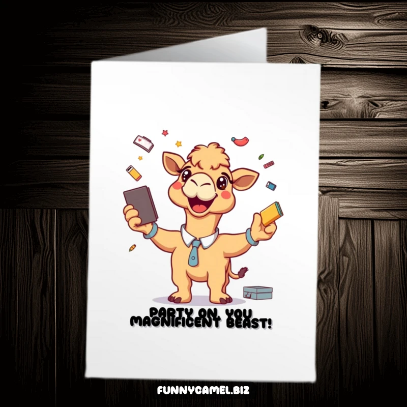 Funny Free Printable Birthday Card, a camel energetically juggling office supplies like pens and staplers with a huge grin.