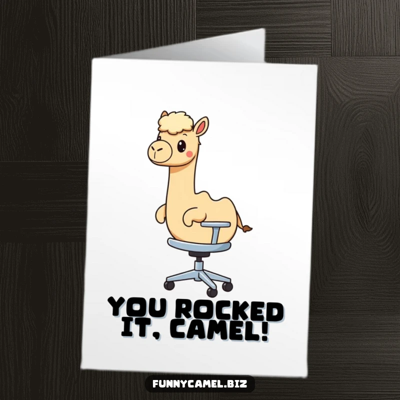 Funny Free Printable Congratulations Card: Kawaii camel character speeds on a rolling office chair to celebrate.