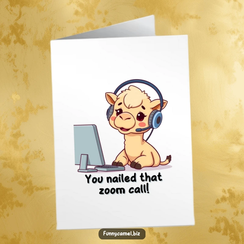Funny Free Printable Congrats Card, a camel wearing a headset, excitedly looking at a computer screen, perhaps having a breakthrough.