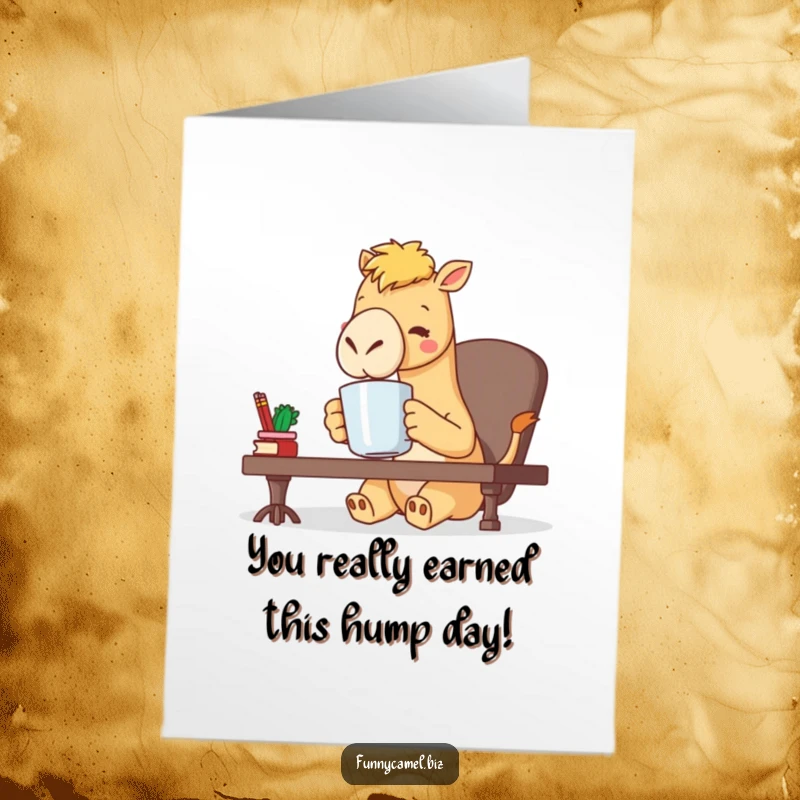Funny Free Printable Congratulations Card: Kawaii camel character enjoying coffee at a desk, celebrating an achievement.