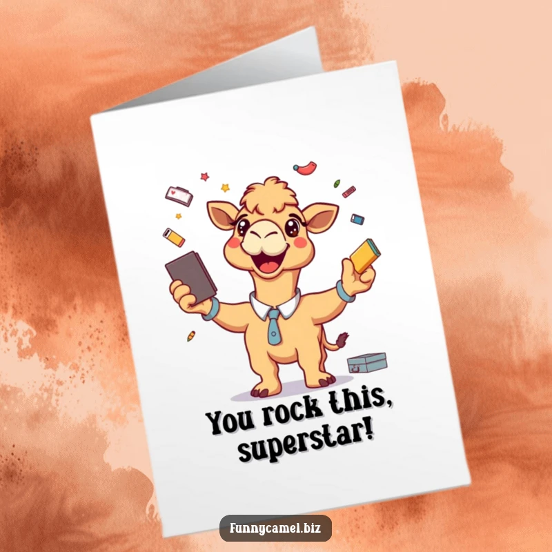 Funny Free Printable Congrats Card, a camel with a big grin, dynamically juggling various office supplies with impressive energy.