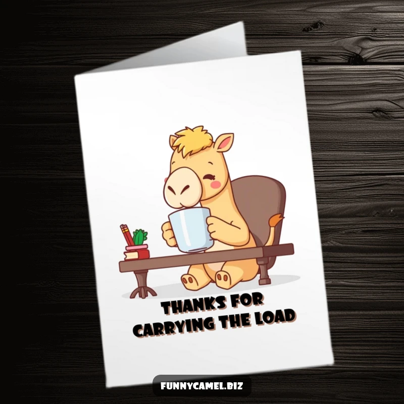 Funny Free Printable Thank You Card: Kawaii camel character sipping coffee from a large mug, expressing thanks.