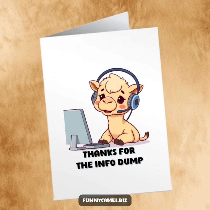 Funny Free Printable Thank You Card, a camel donned with a headset, gazing intently at a computer screen with appreciation.