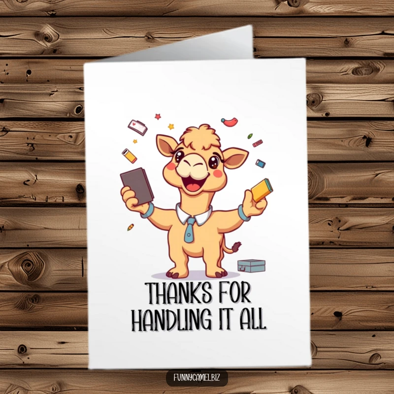 Funny Free Printable Thank You Card, a camel energetically juggling office supplies, conveying enthusiastic thanks with a wide smile.