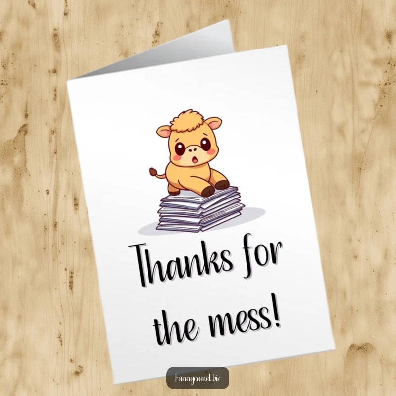 Funny Free Printable Thank You Card: Kawaii camel tangled in papers, surprised thanks, a delightful mishap.